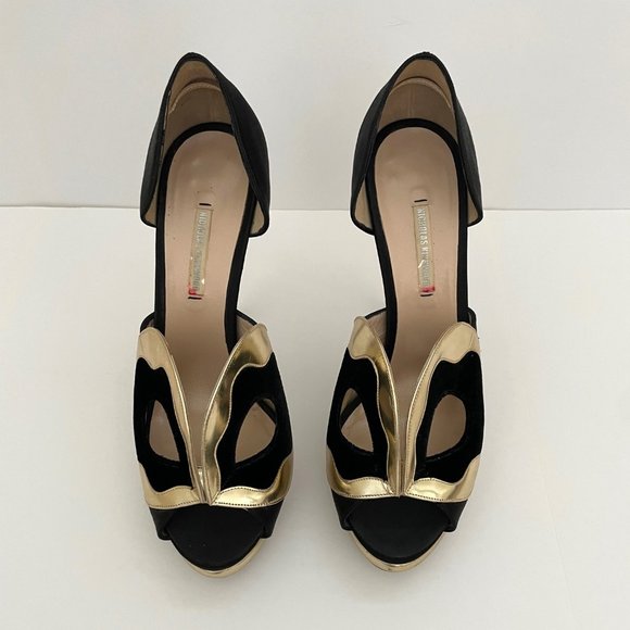 Nickolas Kirkwood Black Satin Gold Leather Pumps 39 - Picture 3 of 12